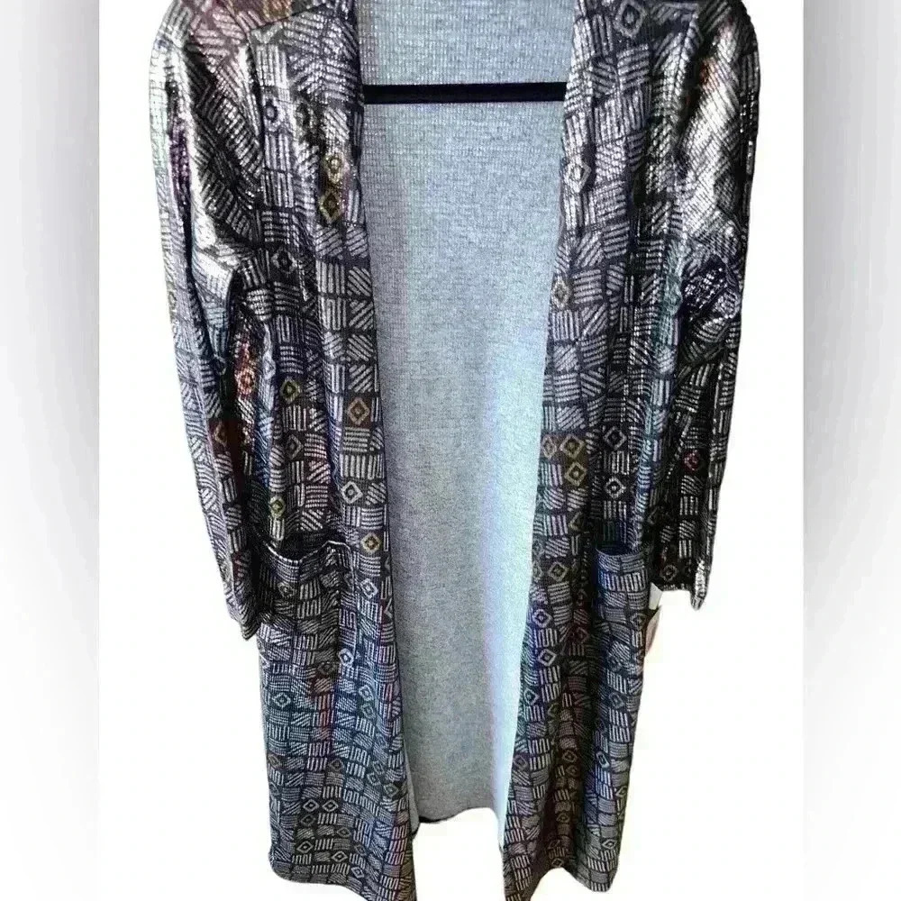 Lularoe S Elegant‎ Sarah duster cardigan . Shiny finish. Purple , silver,copper